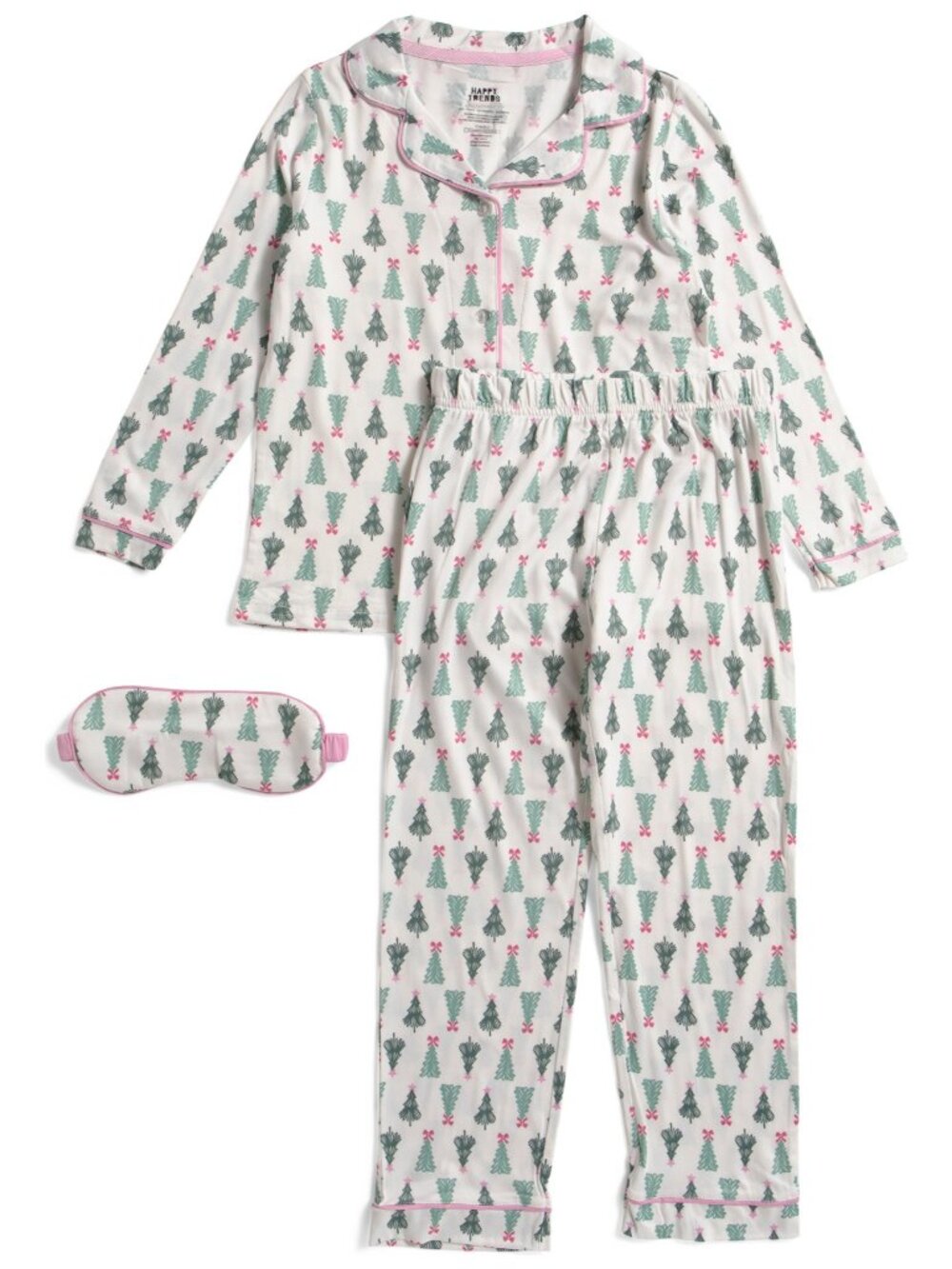 Happy Threads Girls 2pc Christmas Tree Pajama Set Ivory Notch Collar Sleep Mask